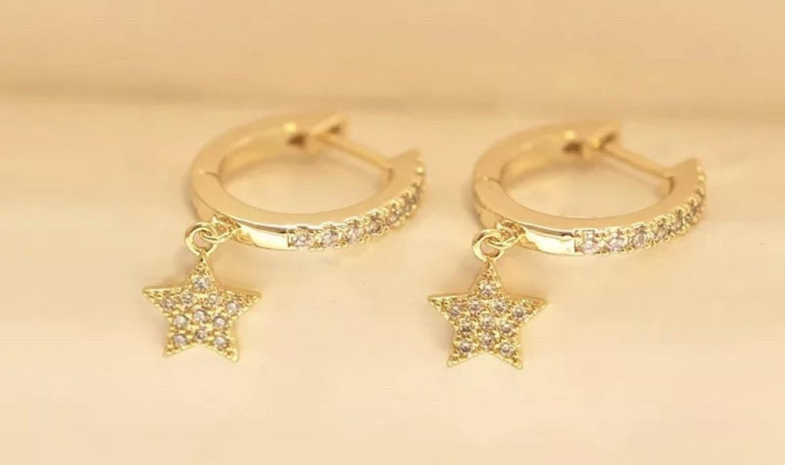 Gold Hoop Huggie Dangling Star Earring